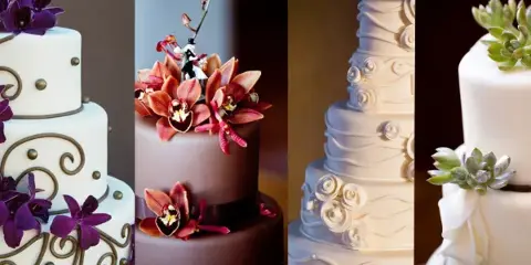 A collage of four different custom wedding cakes featuring various designs, including white fondant with purple orchids, a chocolate cake with red orchids, a white tiered cake with piped rosettes, and a white cake with succulents.