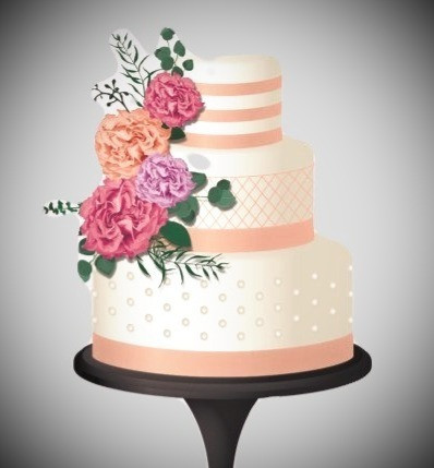 A three-tiered white wedding cake decorated with pink and peach flowers on a black cake stand.