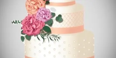 A three-tiered white wedding cake decorated with pink and peach flowers on a black cake stand.