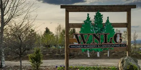 Wooden entrance sign for Wagner Nursery & Landscaping Co. in front of a nursery with young trees and landscaping beds.