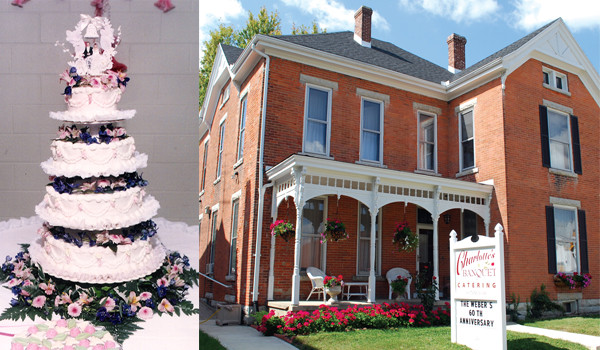 A split image showing a multi-tiered wedding cake on the left and the exterior of a red brick banquet facility with a sign on the right.