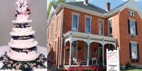 A split image showing a multi-tiered wedding cake on the left and the exterior of a red brick banquet facility with a sign on the right.
