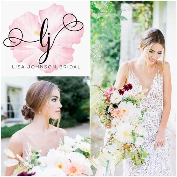 A collage featuring the Lisa Johnson Bridal logo and professional photographs of a bride with styled hair and makeup holding a bouquet.