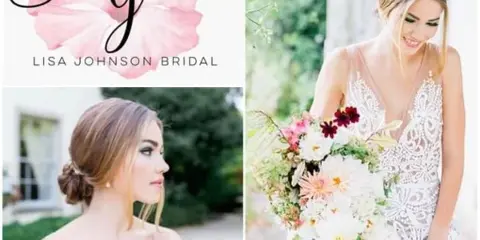 A collage featuring the Lisa Johnson Bridal logo and professional photographs of a bride with styled hair and makeup holding a bouquet.