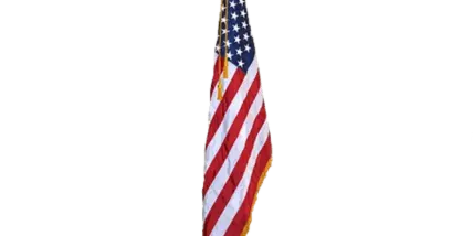A decorative American flag on a stand with an eagle finial.