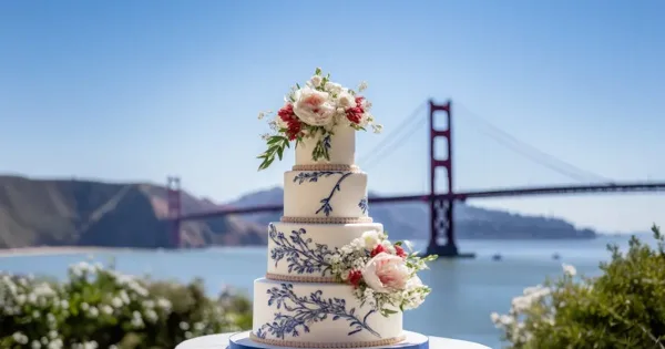 A four-tier white wedding cake with blue floral piping and fresh flower decorations, set outdoors with the Golden Gate Bridge in the background.