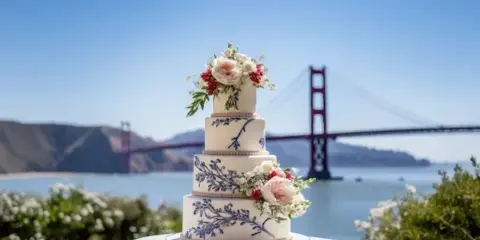 A four-tier white wedding cake with blue floral piping and fresh flower decorations, set outdoors with the Golden Gate Bridge in the background.