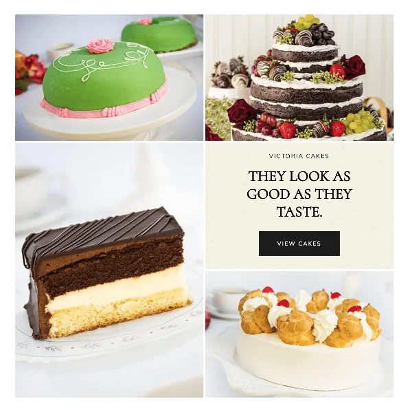A collage of four different cakes, including a green dome cake, a multi-tier chocolate wedding cake, a slice of layered chocolate cake, and a cream puff cake.