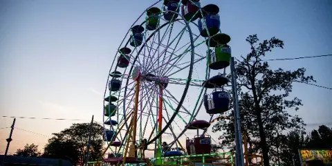 A large illuminated Ferris wheel at a fairground event with visitors and trees at dusk.