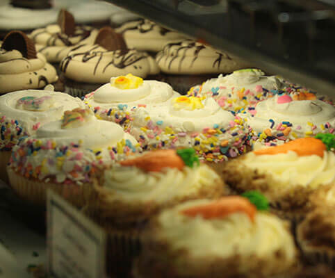 Assorted decorated cupcakes with frosting and sprinkles displayed in a bakery case