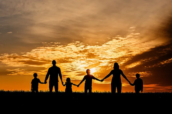 Silhouette of a family of six holding hands in a field against a sunset sky.