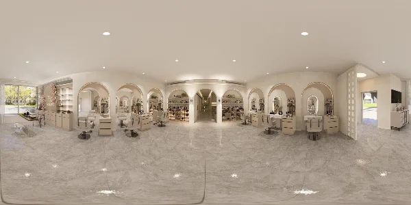 Interior view of a modern beauty salon and spa with manicure stations and product displays.