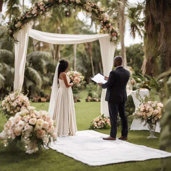 Outdoor wedding ceremony with a floral arch, bride, and groom