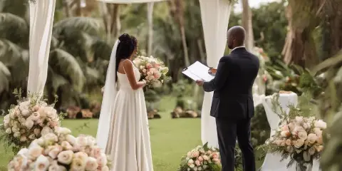 Outdoor wedding ceremony with a floral arch, bride, and groom