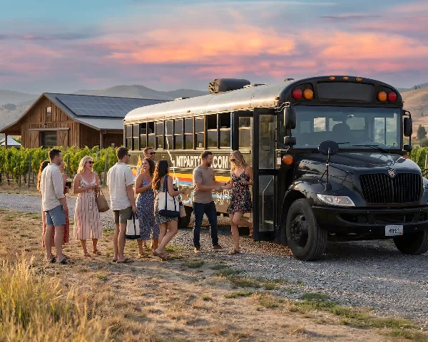 A group of people boarding a black party bus with MTPARTYBUS.COM branding at an outdoor venue.