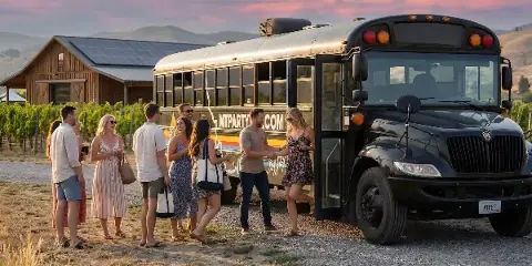 A group of people boarding a black party bus with MTPARTYBUS.COM branding at an outdoor venue.