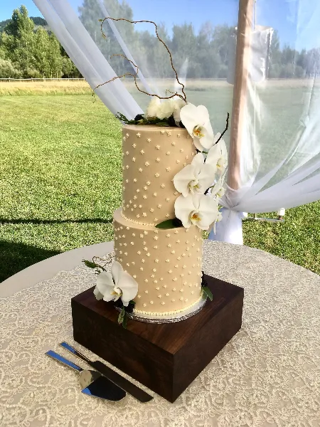 A two-tiered beige wedding cake decorated with white orchids and dried branches, sitting on a wooden stand outdoors.