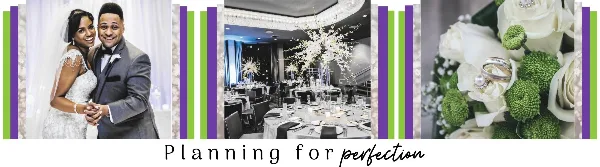 A collage showing a wedding couple, a decorated reception hall, and a white rose bouquet with wedding rings.