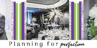 A collage showing a wedding couple, a decorated reception hall, and a white rose bouquet with wedding rings.