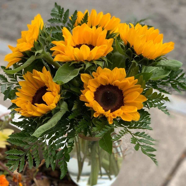 A bouquet of bright yellow sunflowers arranged in a clear glass vase with green foliage.
