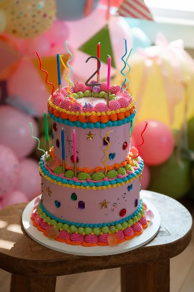 A colorful, two-tiered custom cake decorated with piped frosting, sprinkles, and candles on a wooden stool.