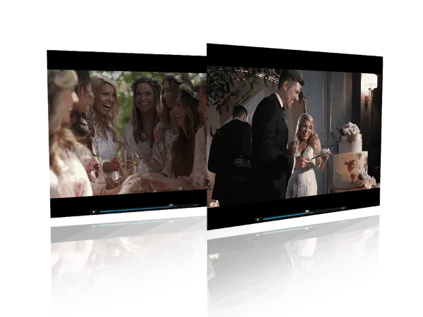 Promotional graphic showing two video player screens displaying wedding scenes: a group of smiling bridesmaids and a couple cutting a wedding cake.