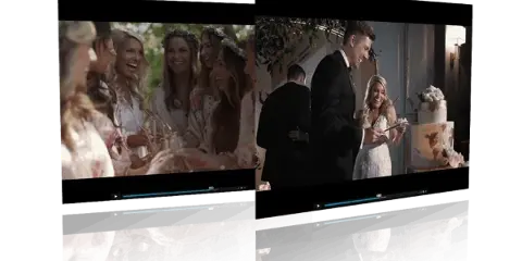 Promotional graphic showing two video player screens displaying wedding scenes: a group of smiling bridesmaids and a couple cutting a wedding cake.