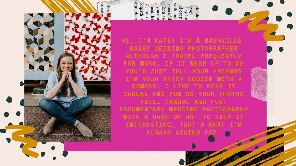 Portrait of a woman sitting on the ground next to a text block describing her as a Nashville-based documentary wedding photographer.