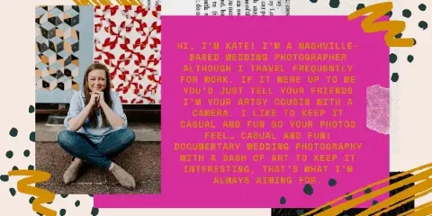 Portrait of a woman sitting on the ground next to a text block describing her as a Nashville-based documentary wedding photographer.