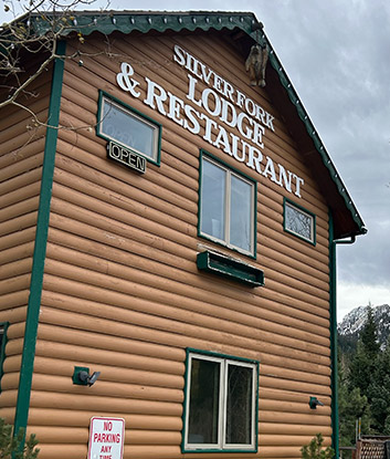 Exterior view of the Silver Fork Lodge and Restaurant log cabin building