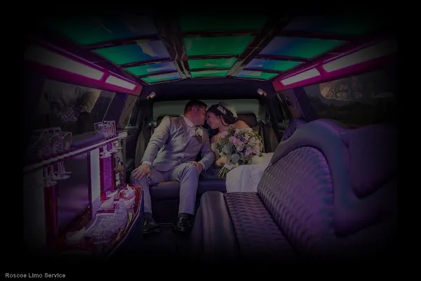 A bride and groom sitting together inside a luxury limousine with purple ambient lighting.