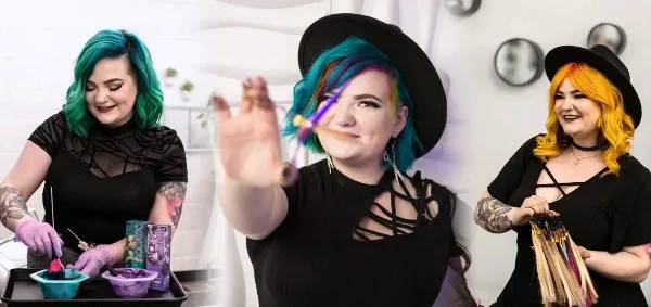 A hair stylist with vibrant blue and rainbow hair in a studio, shown mixing hair dye and holding hair extensions.