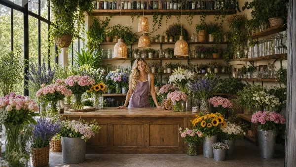 A florist standing behind a wooden counter in a shop filled with fresh flower arrangements and plants.