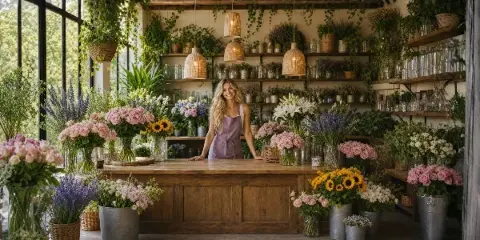 A florist standing behind a wooden counter in a shop filled with fresh flower arrangements and plants.