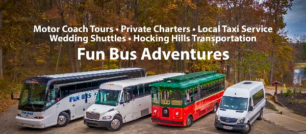 A lineup of four passenger vehicles including a large motorcoach, a shuttle bus, a red and green trolley, and a white van parked outdoors.