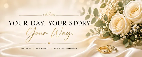 A white rose bouquet and gold wedding rings resting on white satin fabric with the text 'Your Day. Your Story. Your Way.'