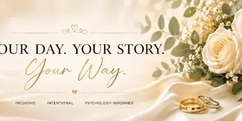 A white rose bouquet and gold wedding rings resting on white satin fabric with the text 'Your Day. Your Story. Your Way.'
