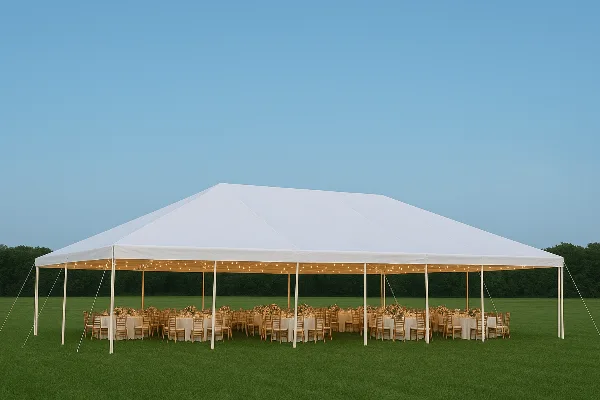 A large white event tent set up on a grassy field, containing rows of tables with white linens, wooden chairs, and string lights.