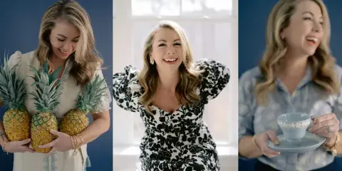 A professional portrait collage of Chloe Giancola, the photographer, smiling in different outfits.