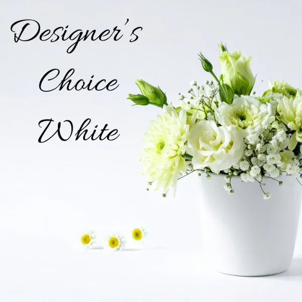 A white floral arrangement featuring roses, chrysanthemums, and baby's breath in a white vase.