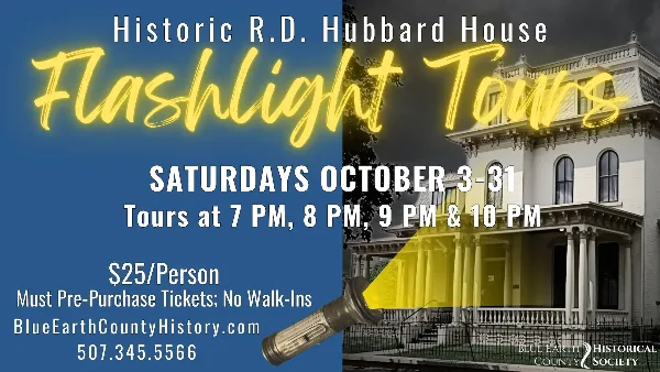 Exterior view of the Historic R.D. Hubbard House building with a promotional overlay for flashlight tours.