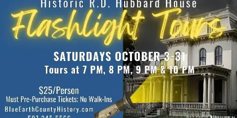 Exterior view of the Historic R.D. Hubbard House building with a promotional overlay for flashlight tours.
