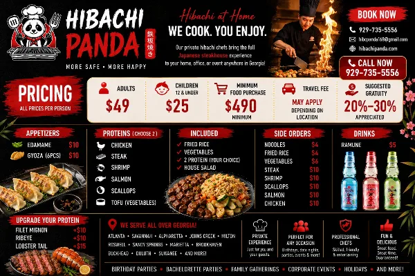 Hibachi Panda promotional graphic featuring a chef performing a live fire cooking show on a hibachi grill, alongside pricing details and menu items.