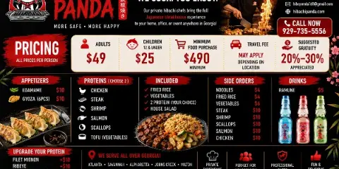 Hibachi Panda promotional graphic featuring a chef performing a live fire cooking show on a hibachi grill, alongside pricing details and menu items.