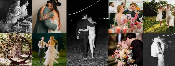 A collage of wedding photographs featuring a couple dancing, a decorated ceremony arch, and a dining table set with food and candles.