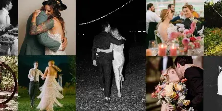 A collage of wedding photographs featuring a couple dancing, a decorated ceremony arch, and a dining table set with food and candles.