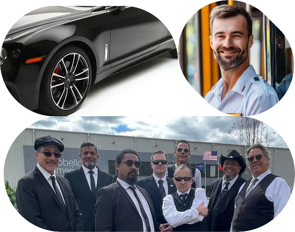 A collage showing a close-up of a luxury black car, a smiling professional driver, and a group of chauffeurs in formal suits.