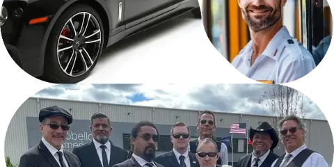 A collage showing a close-up of a luxury black car, a smiling professional driver, and a group of chauffeurs in formal suits.
