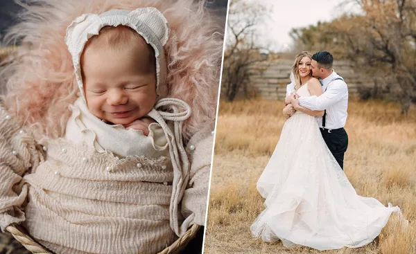 A split-screen photograph showing a sleeping newborn baby wrapped in a cream blanket on the left and a bride and groom embracing in a field on the right.