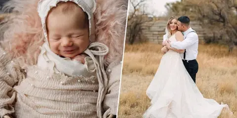 A split-screen photograph showing a sleeping newborn baby wrapped in a cream blanket on the left and a bride and groom embracing in a field on the right.